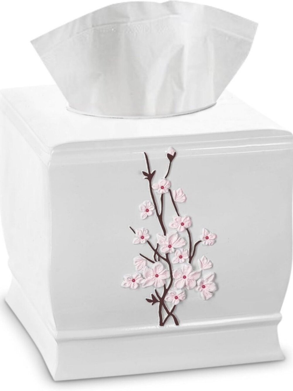 Elegant Cherry Blossom White Square Resin Tissue Box Cover with Slider - Home